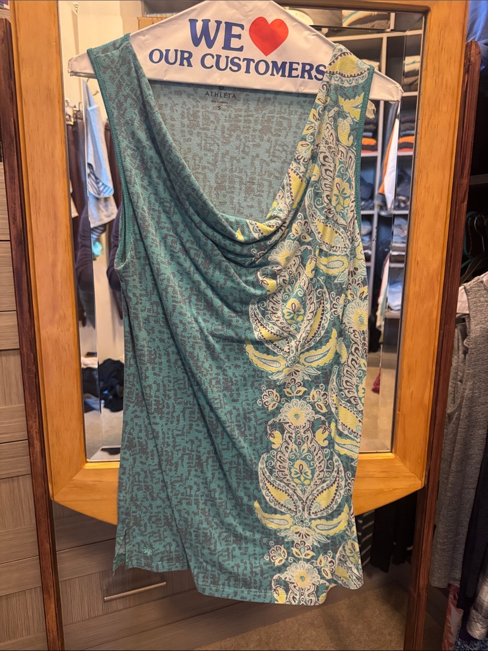 Athleta Teal Draped Cowl Tank with Yellow Paisley Panel